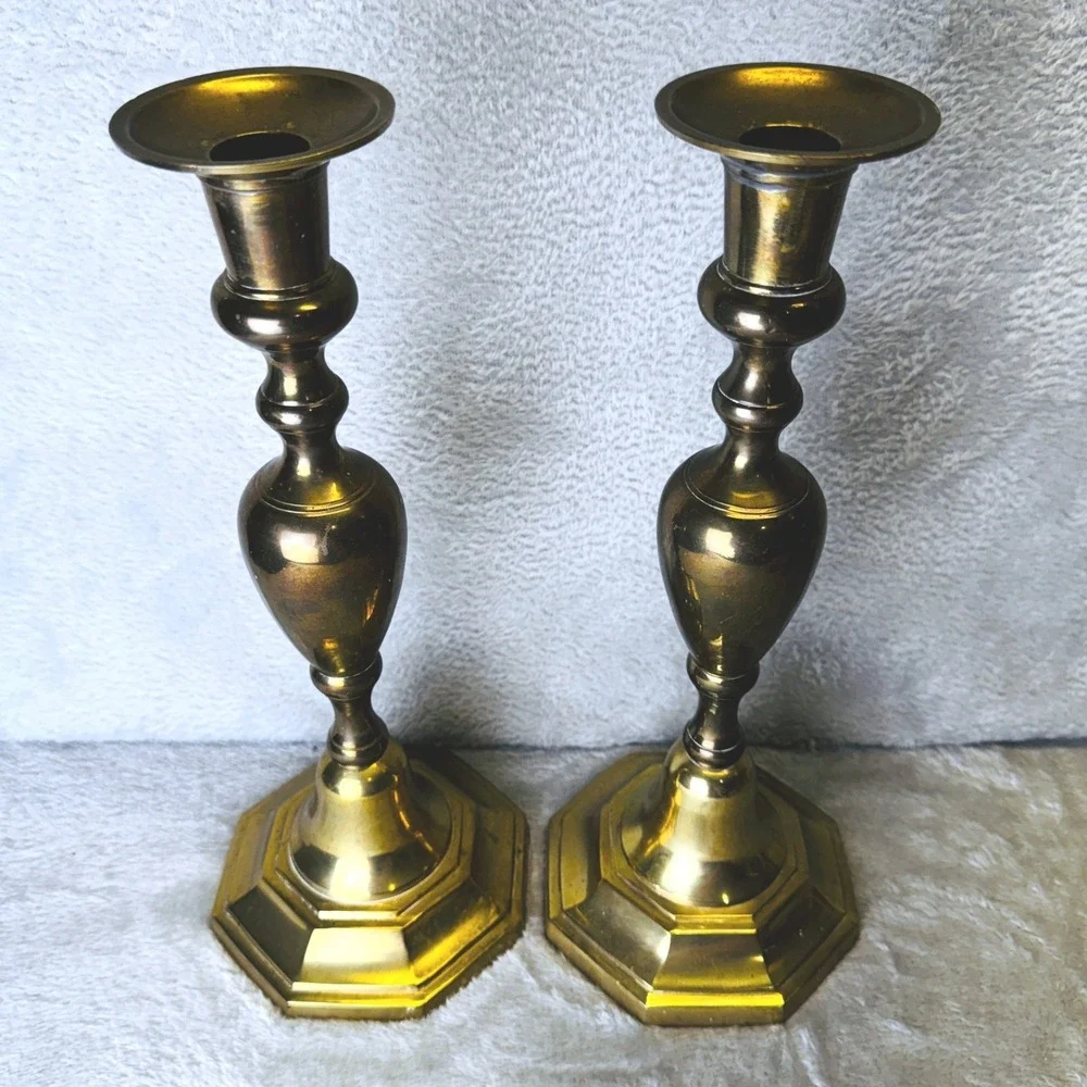 Vtg. Brass Candlesticks Pair 12 Inch Altar Hexagon Base Baluster Stem India Gold